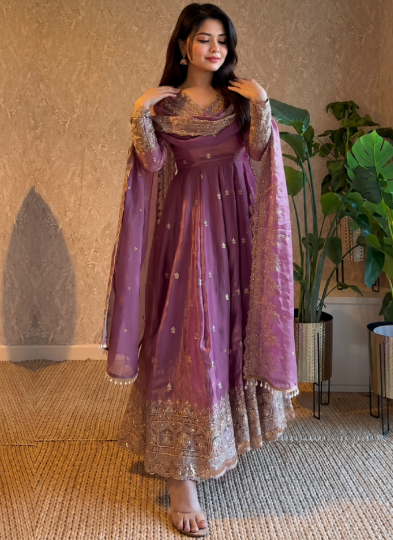 Lavender Fandy Satin Zari Sequence Embroidery Anarkali With Dupatta