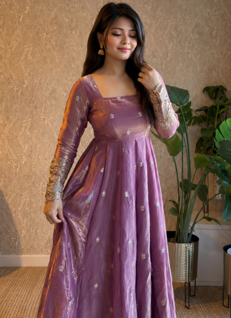Lavender Fandy Satin Zari Sequence Embroidery Anarkali With Dupatta