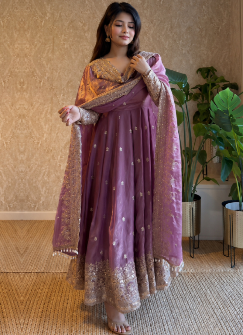 Lavender Fandy Satin Zari Sequence Embroidery Anarkali With Dupatta