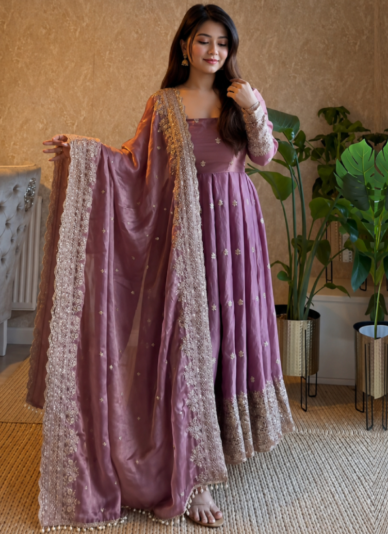 Lavender Fandy Satin Zari Sequence Embroidery Anarkali With Dupatta