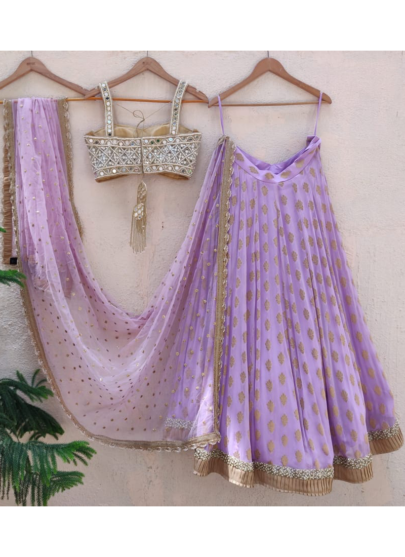 Lavender Georgette Banarasi Lehenga With Real Mirror Choli