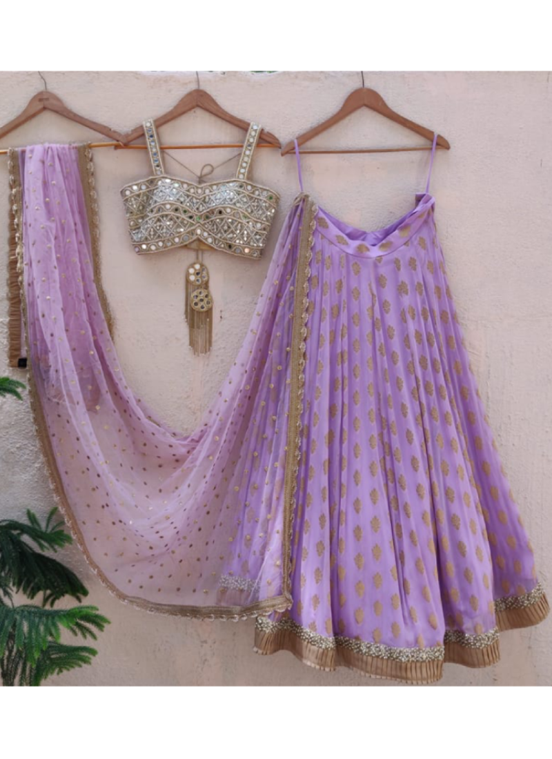 Lavender Georgette Banarasi Lehenga With Real Mirror Choli