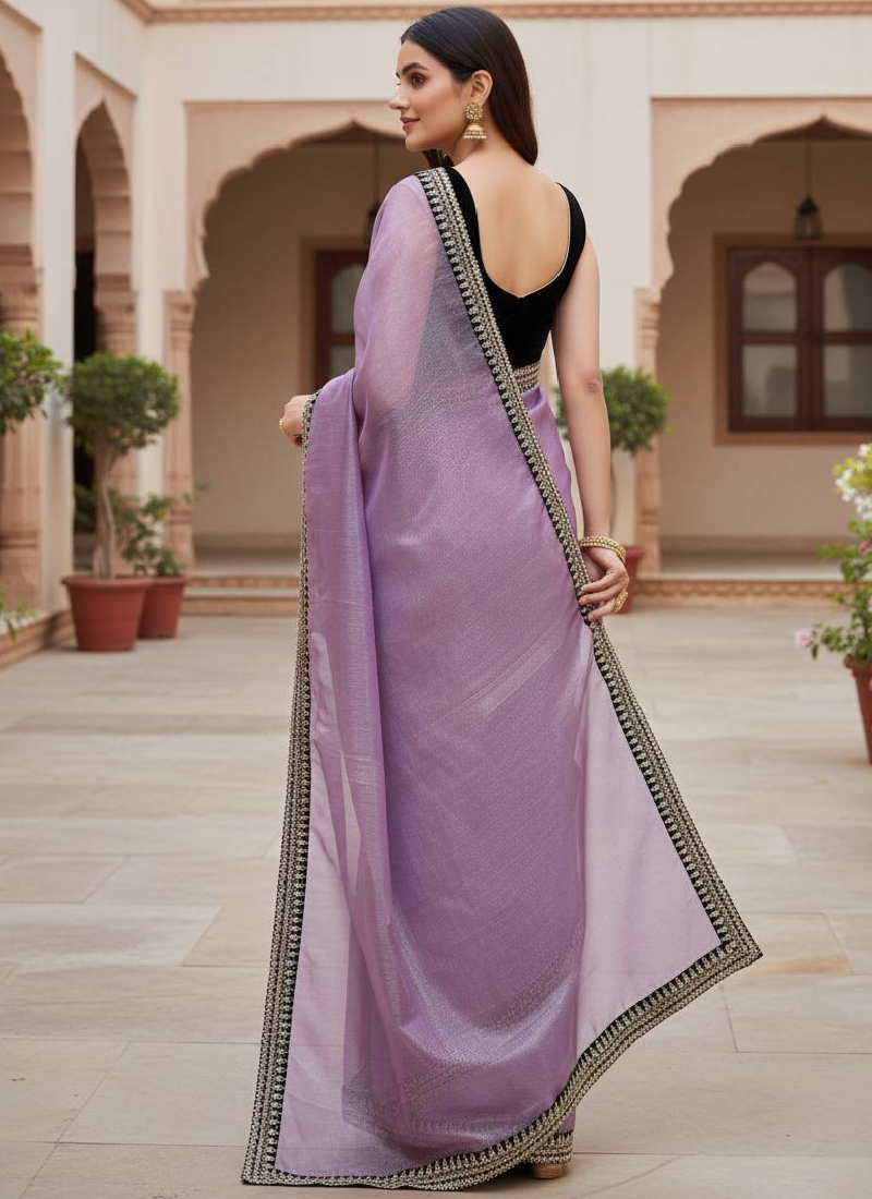 Lavender Soft Net Zari sequence embroidered Designer Saree For Women