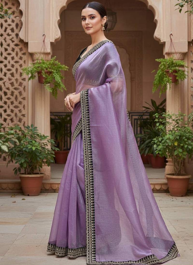 Lavender Soft Net Zari sequence embroidered Designer Saree For Women