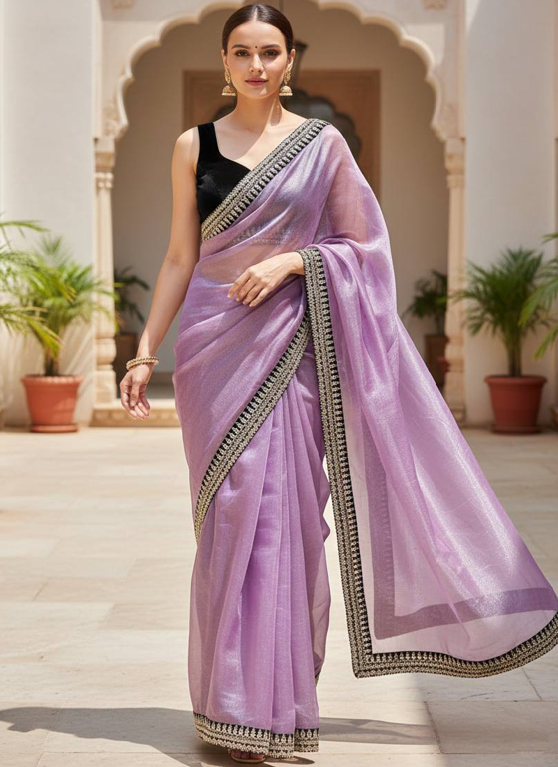 Lavender Soft Net Zari sequence embroidered Designer Saree For Women