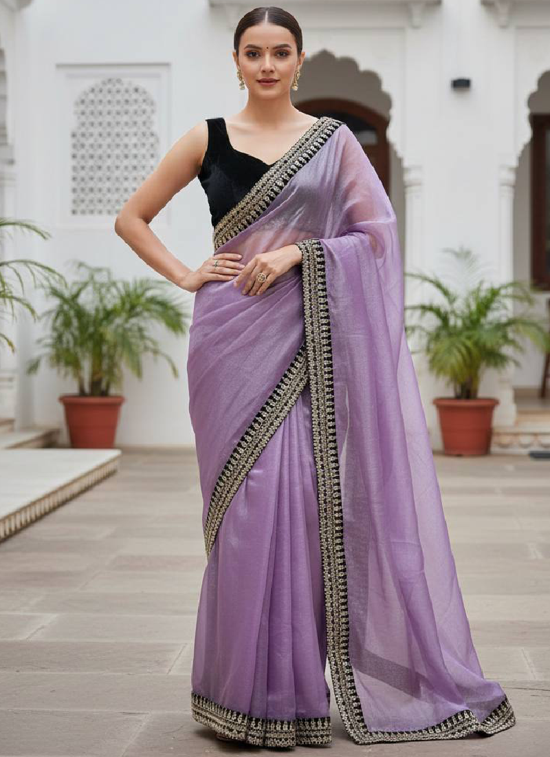 Lavender Soft Net Zari sequence embroidered Designer Saree For Women