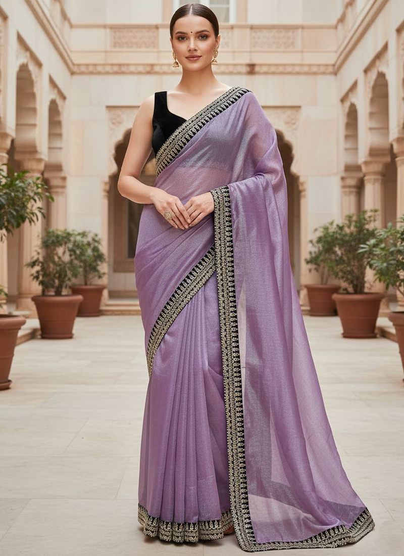Lavender Soft Net Zari sequence embroidered Designer Saree For Women
