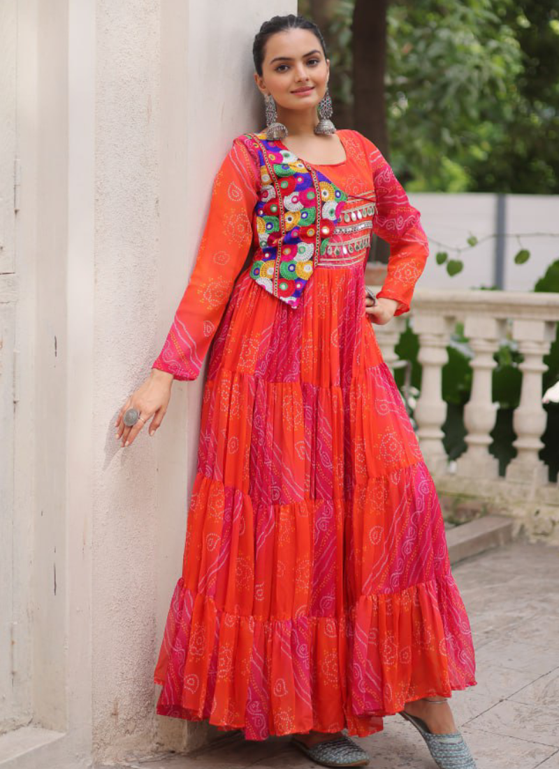 Leheriya Printed Gamthi Work Georgette Red Traditional Wear Gown