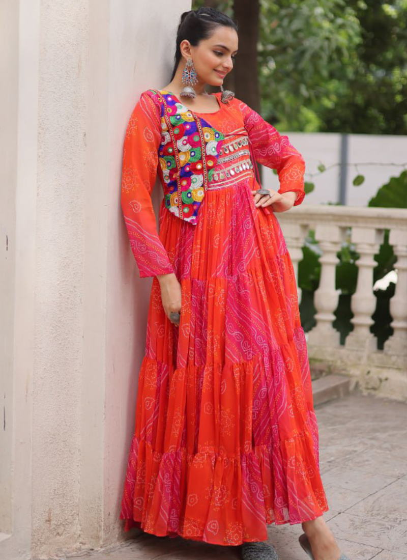 Leheriya Printed Gamthi Work Georgette Red Traditional Wear Gown