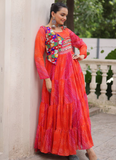 Leheriya Printed Gamthi Work Georgette Red Traditional Wear Gown