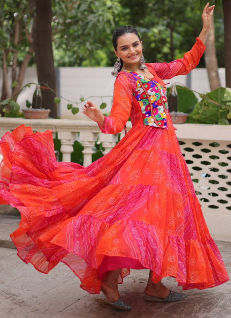 Leheriya Printed Gamthi Work Georgette Red Traditional Wear Gown