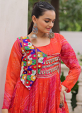 Leheriya Printed Gamthi Work Georgette Red Traditional Wear Gown