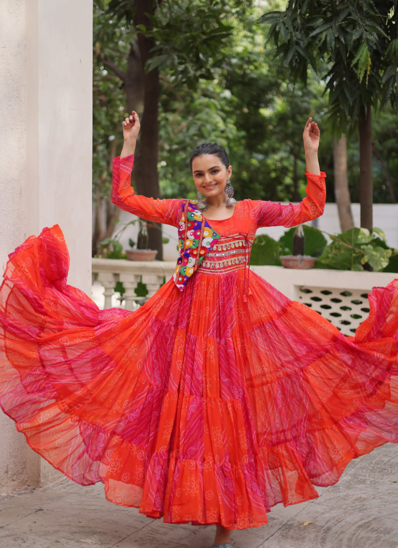 Leheriya Printed Gamthi Work Georgette Red Traditional Wear Gown