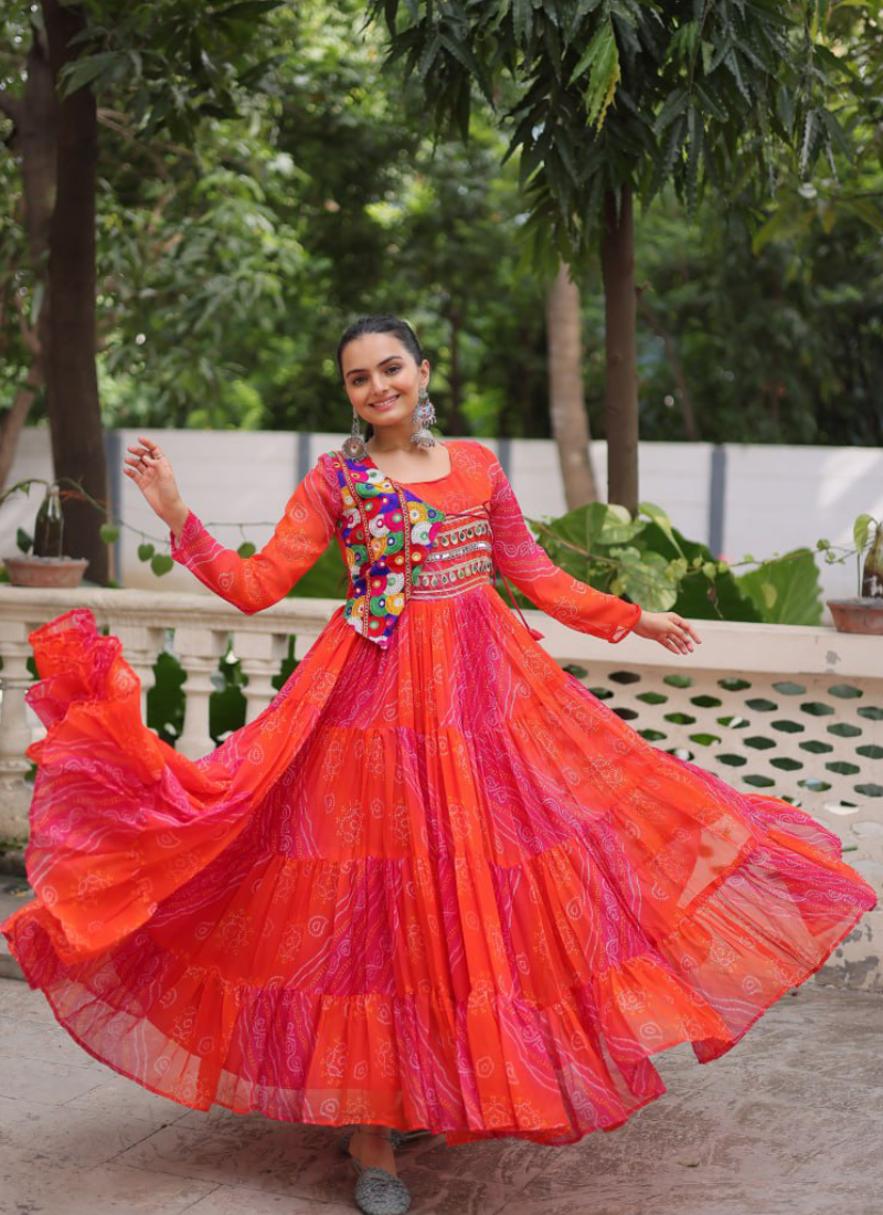 Leheriya Printed Gamthi Work Georgette Red Traditional Wear Gown