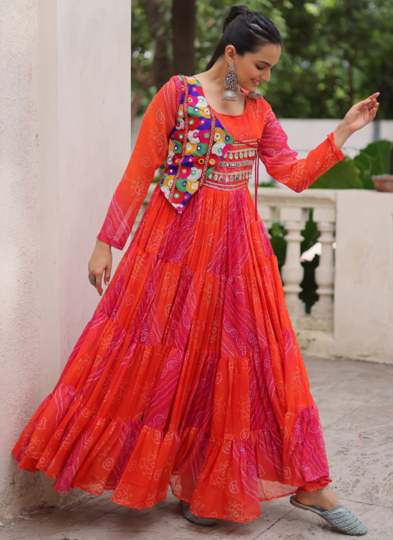 Leheriya Printed Gamthi Work Georgette Red Traditional Wear Gown