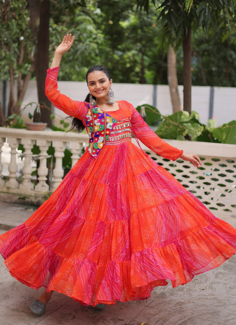 Leheriya Printed Gamthi Work Georgette Red Traditional Wear Gown