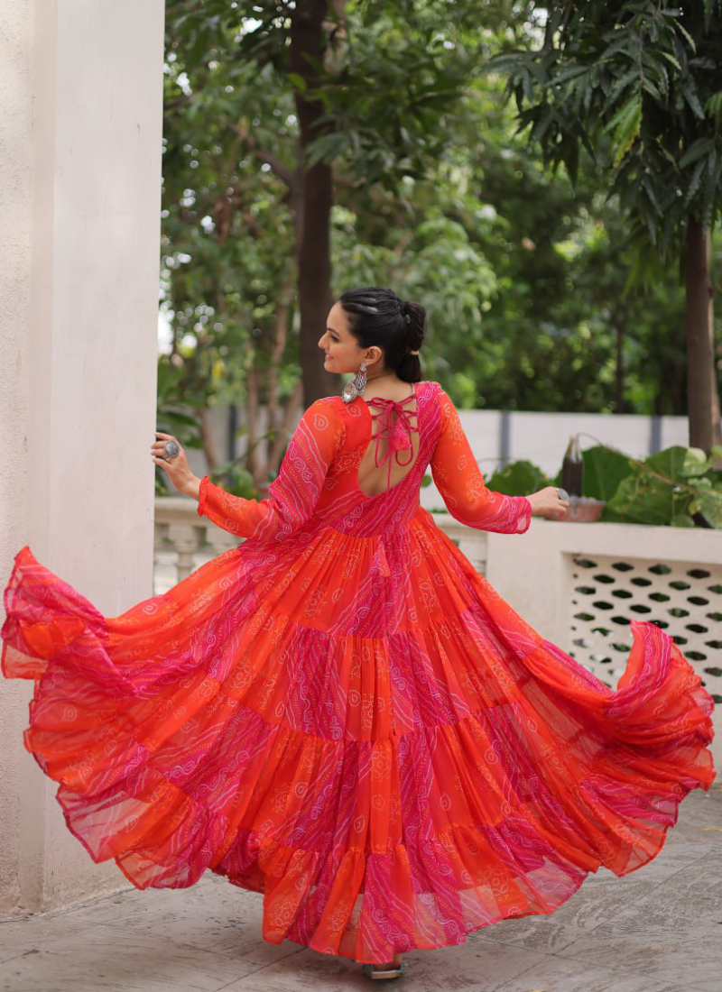 Leheriya Printed Gamthi Work Georgette Red Traditional Wear Gown