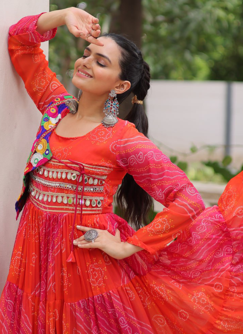 Leheriya Printed Gamthi Work Georgette Red Traditional Wear Gown