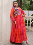 Leheriya Printed Gamthi Work Georgette Red Traditional Wear Gown