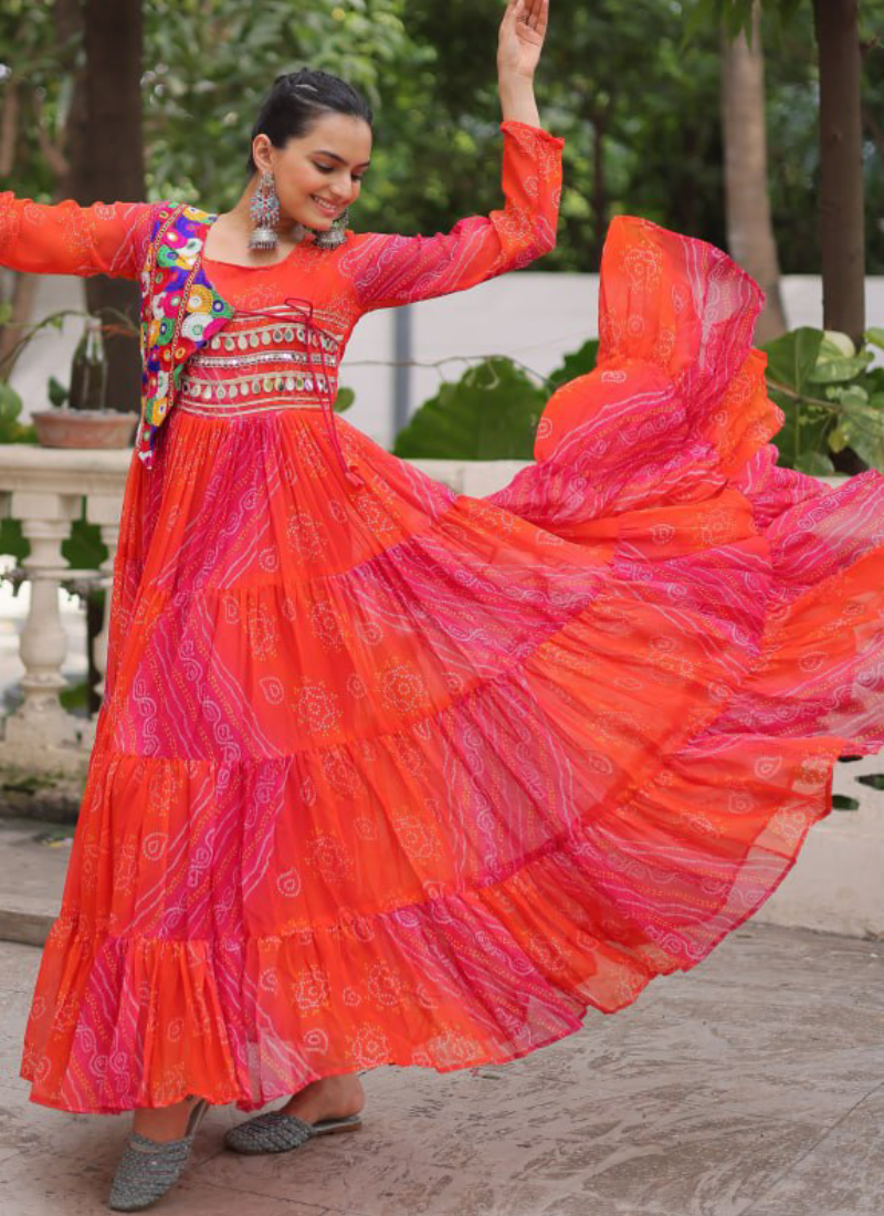 Leheriya Printed Gamthi Work Georgette Red Traditional Wear Gown