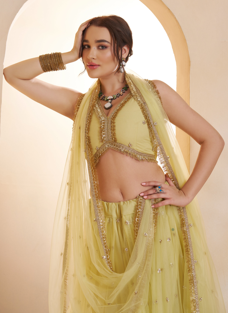 Lemon Yellow Designer Net Sequence Embroidered Work Lehenga Choli Set