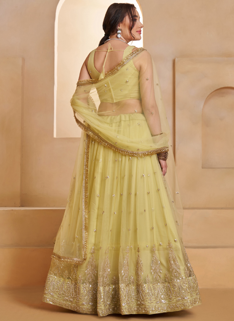 Lemon Yellow Designer Net Sequence Embroidered Work Lehenga Choli Set