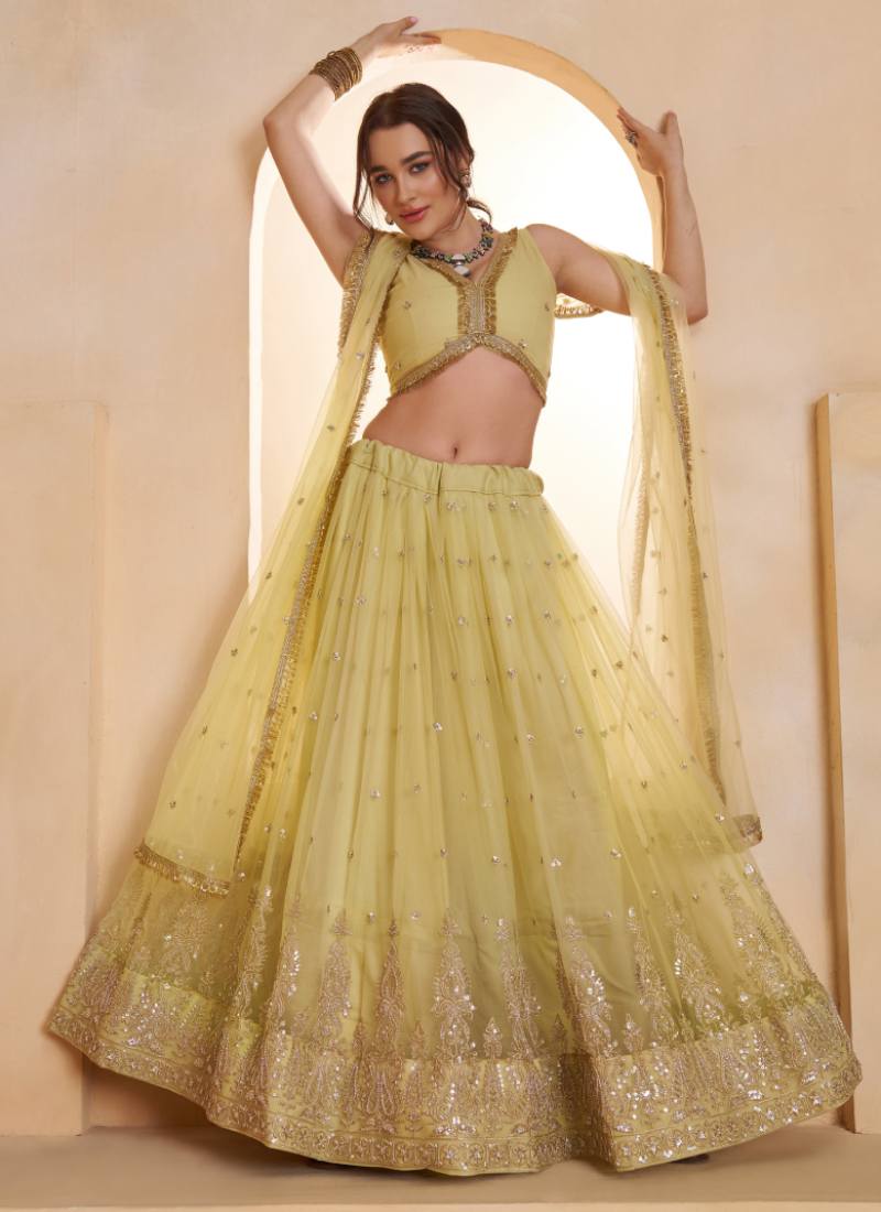 Lemon Yellow Designer Net Sequence Embroidered Work Lehenga Choli Set