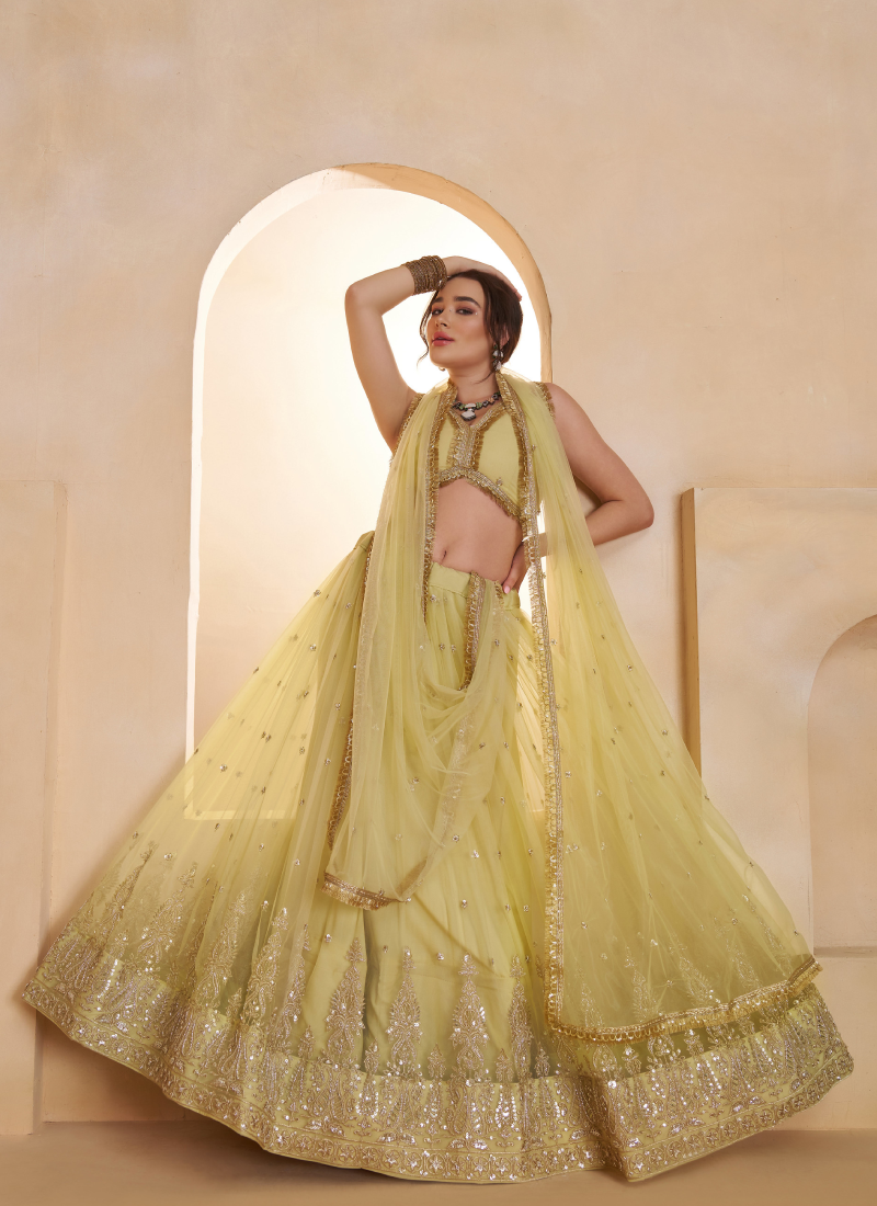 Lemon Yellow Designer Net Sequence Embroidered Work Lehenga Choli Set