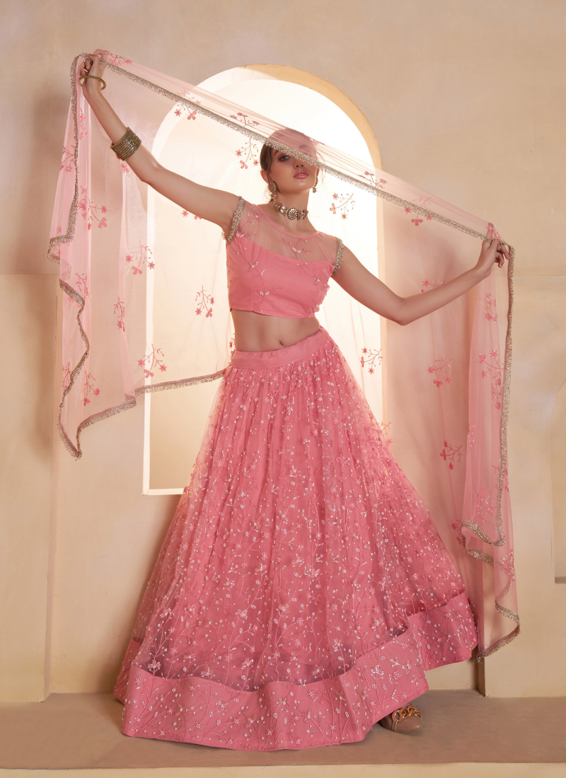 Light Pink Beats Embroidered Work Net Lehenga Choli For Dupatta