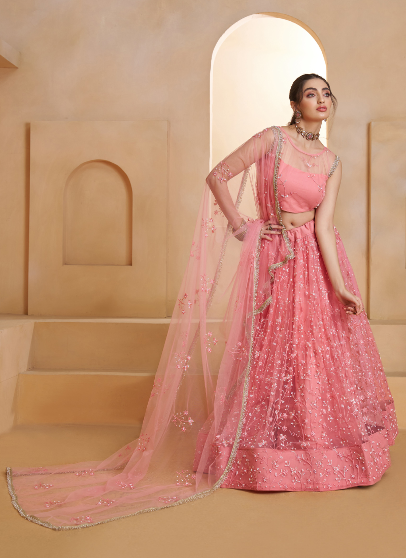 Light Pink Beats Embroidered Work Net Lehenga Choli For Dupatta