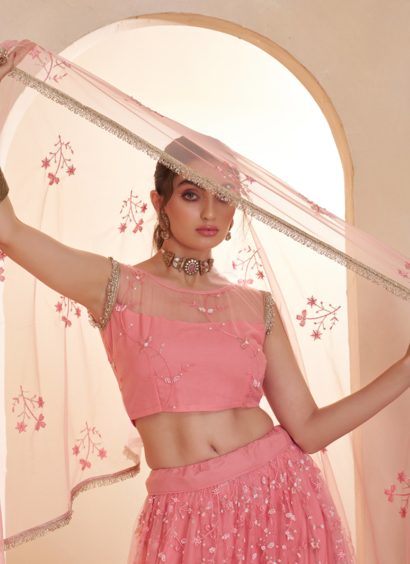 Light Pink Beats Embroidered Work Net Lehenga Choli For Dupatta