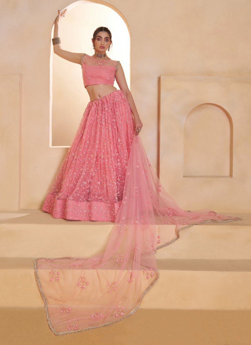 Light Pink Beats Embroidered Work Net Lehenga Choli For Dupatta