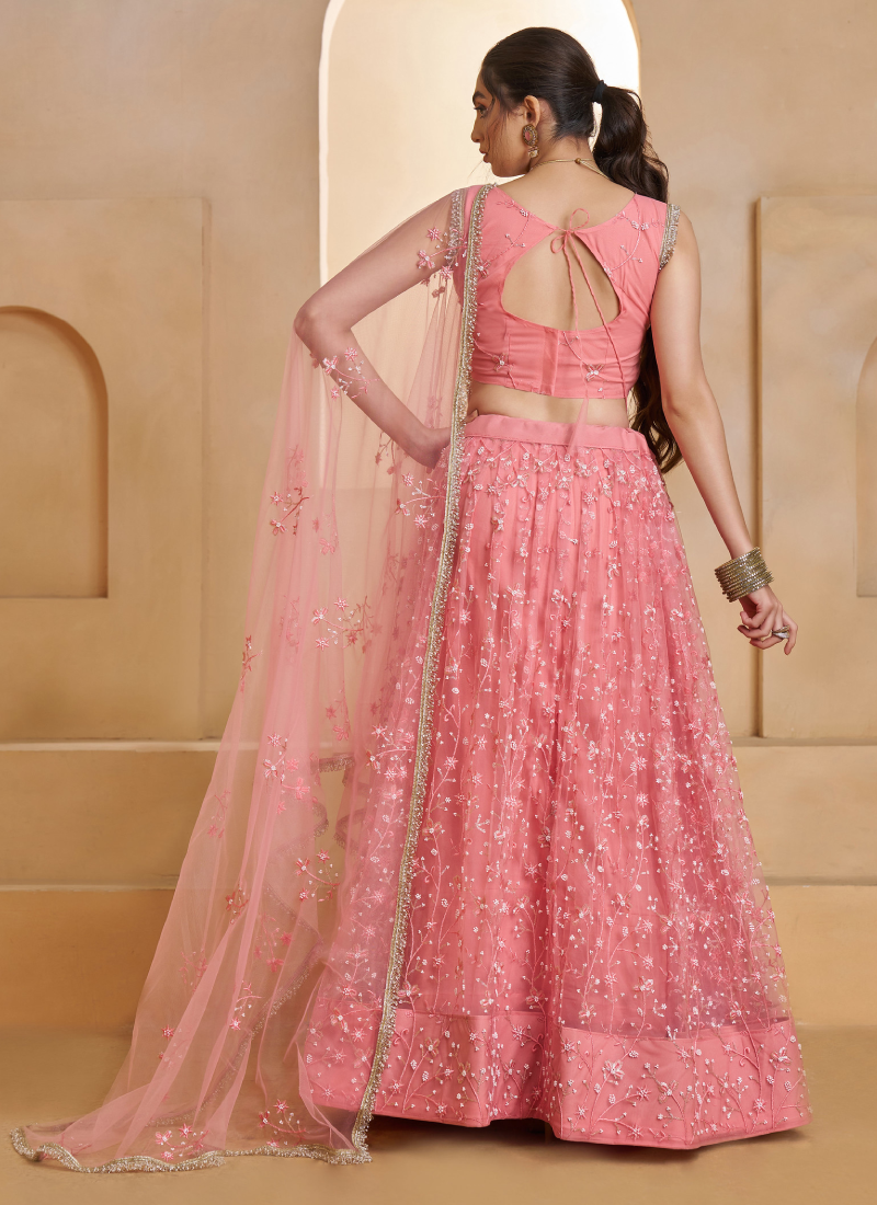 Light Pink Beats Embroidered Work Net Lehenga Choli For Dupatta