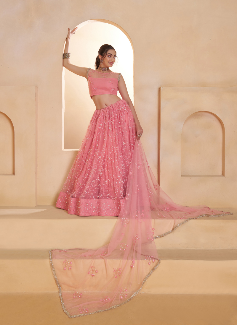 Light Pink Beats Embroidered Work Net Lehenga Choli For Dupatta