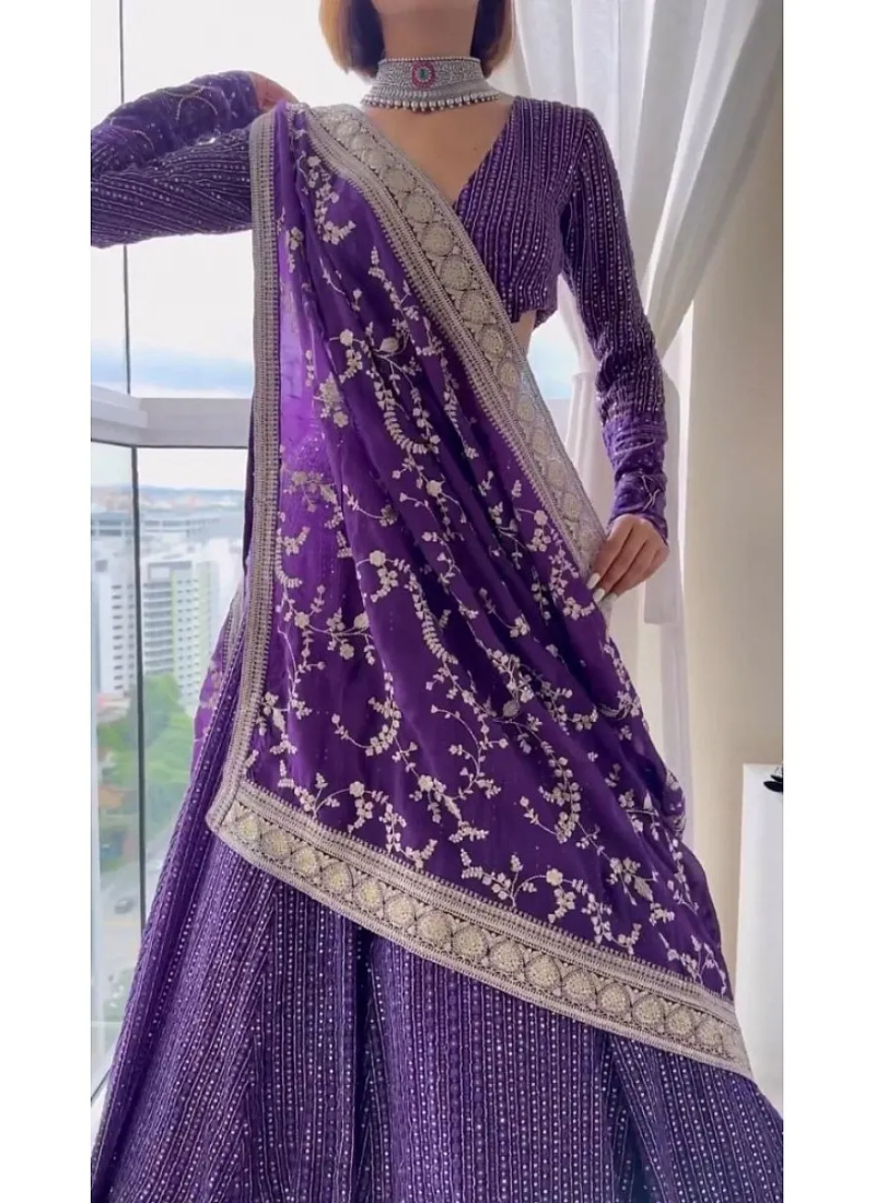 Lucknowi Wear Georgette Purple Wedding Wear Lehenga Choli