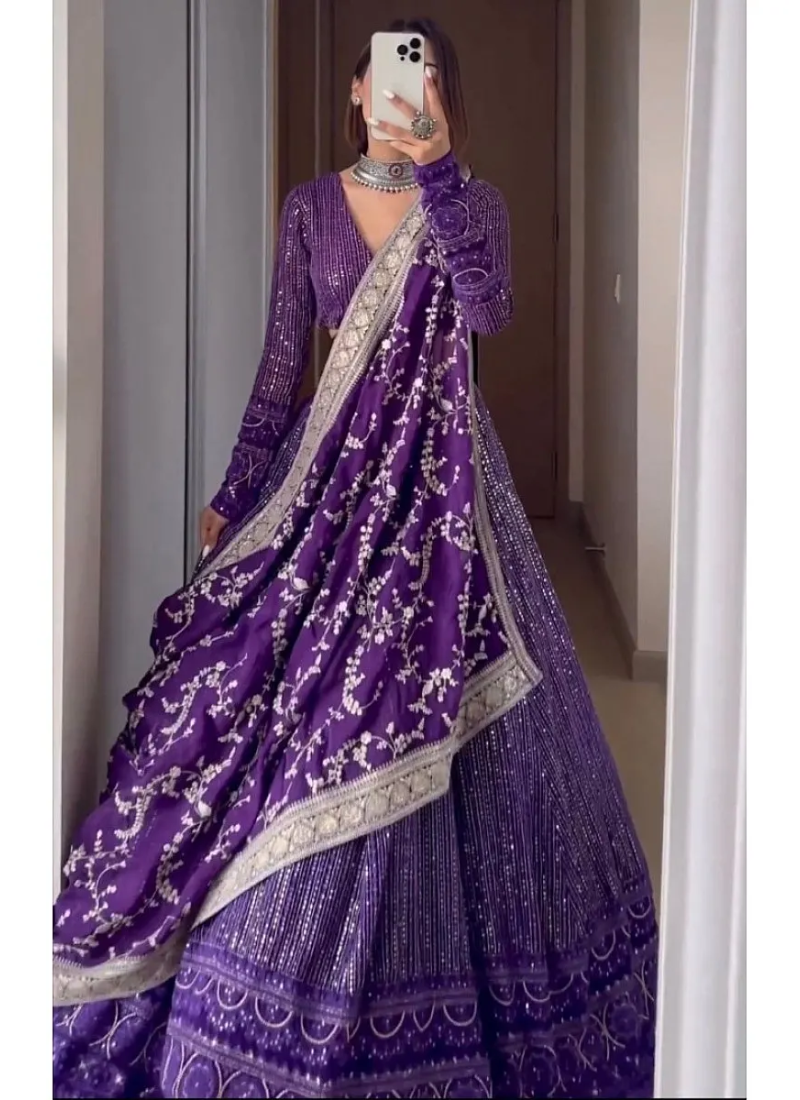 Lucknowi Wear Georgette Purple Wedding Wear Lehenga Choli