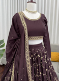 Luxury Brown Chinon Silk Sequence Work Party Wear Lehenga Choli