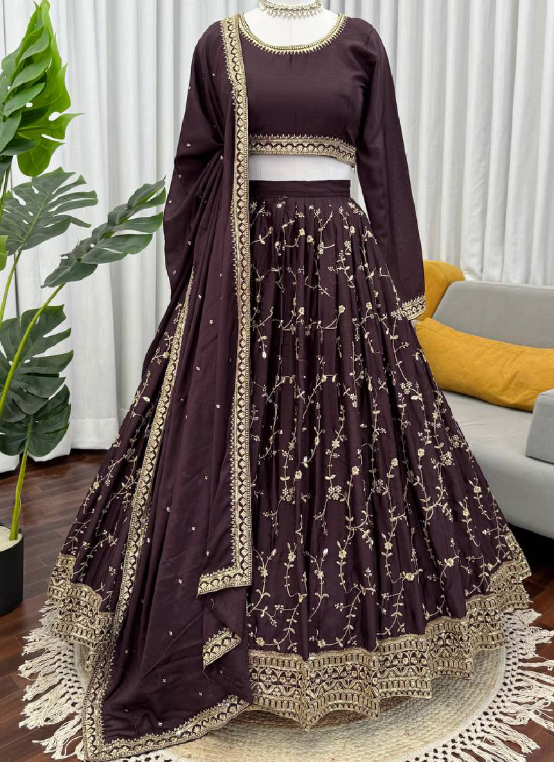 Luxury Brown Chinon Silk Sequence Work Party Wear Lehenga Choli
