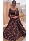 Luxury Brown Chinon Silk Sequence Work Party Wear Lehenga Choli