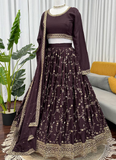 Luxury Brown Chinon Silk Sequence Work Party Wear Lehenga Choli