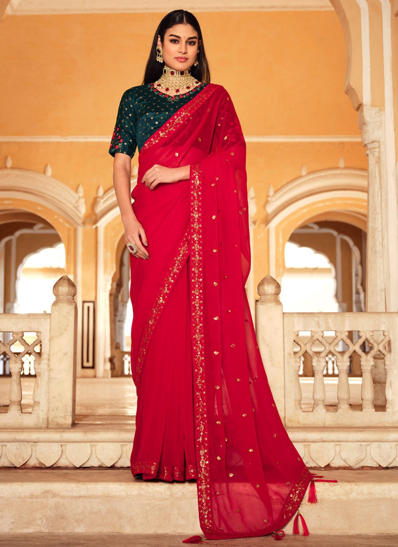 Magnificent Red Chinon Silk Sequence Embroidered Saree