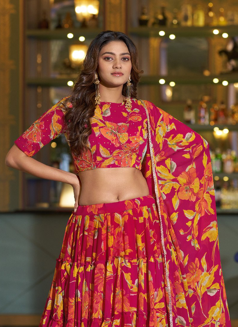 Marble Fabric Pink Floral Printed With Zari Work Lehenga Choli Set