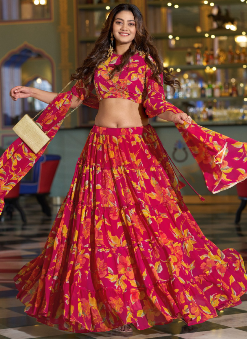 Marble Fabric Pink Floral Printed With Zari Work Lehenga Choli Set