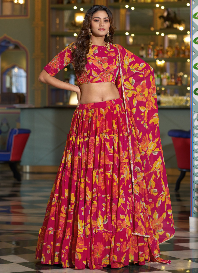 Marble Fabric Pink Floral Printed With Zari Work Lehenga Choli Set