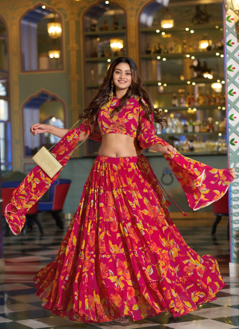 Marble Fabric Pink Floral Printed With Zari Work Lehenga Choli Set