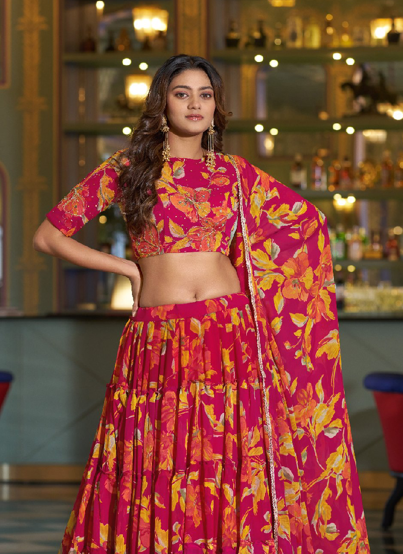 Marble Fabric Pink Floral Printed With Zari Work Lehenga Choli Set