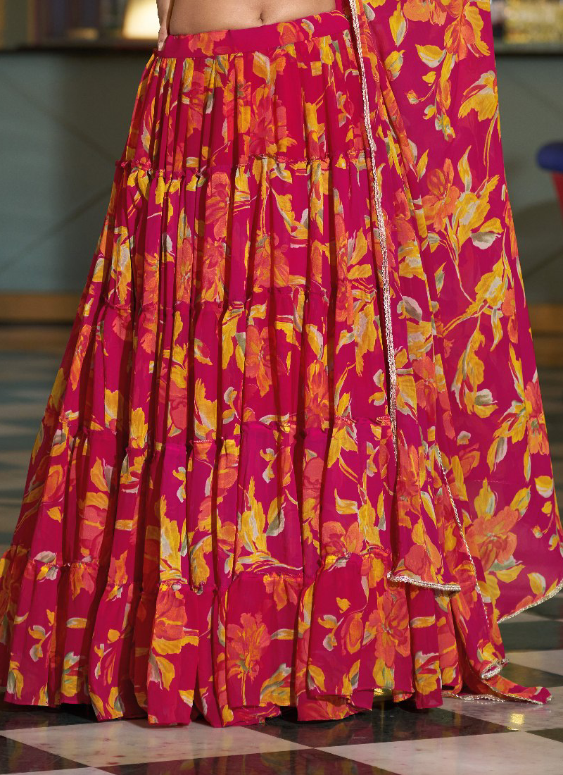 Marble Fabric Pink Floral Printed With Zari Work Lehenga Choli Set