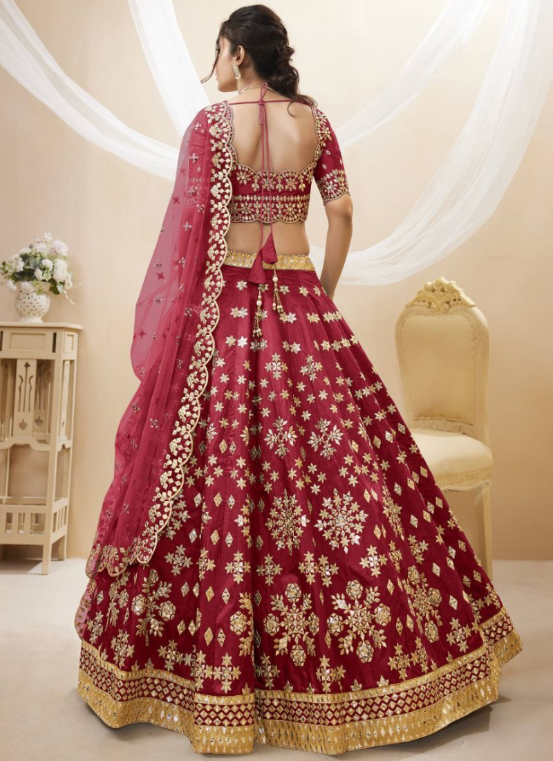 Maroon Mulberry Silk Mirror Work Lehenga Choli For Bridal