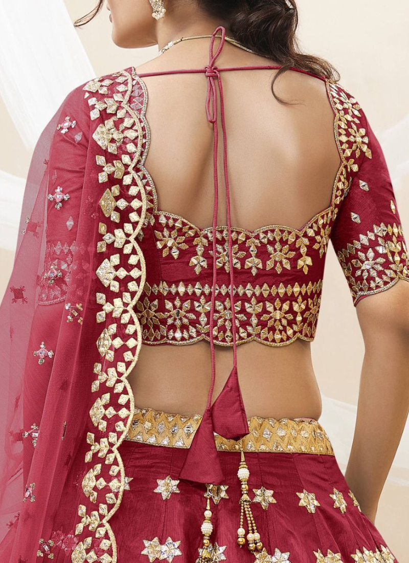 Maroon Mulberry Silk Mirror Work Lehenga Choli For Bridal