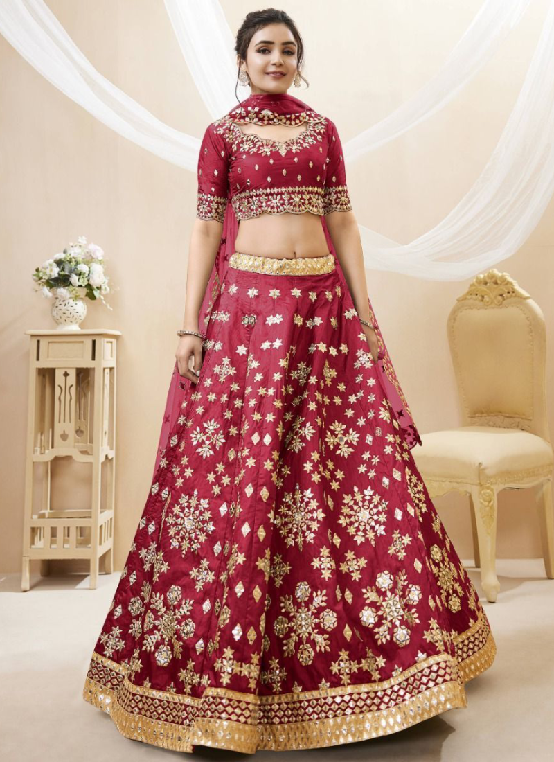 Maroon Mulberry Silk Mirror Work Lehenga Choli For Bridal